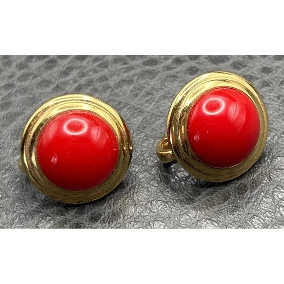 Vintage D'Orlan Red Lucite Cabochon 80's 90's Pierced Earrings