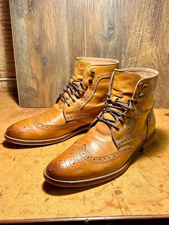 Johnston & Murphy Conard Wingtip Dress Boots 9.5 Cognac Brown Leather 20-2232