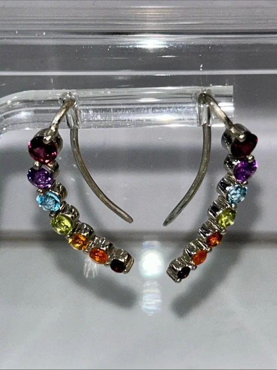 NWT NYC 11 Sterling Silver Genuine Multi Gemstone Curved Line Earrings