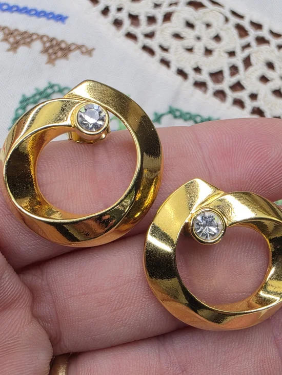 Avon Gold-Tone Circle Earrings with Clear Crystal Accent