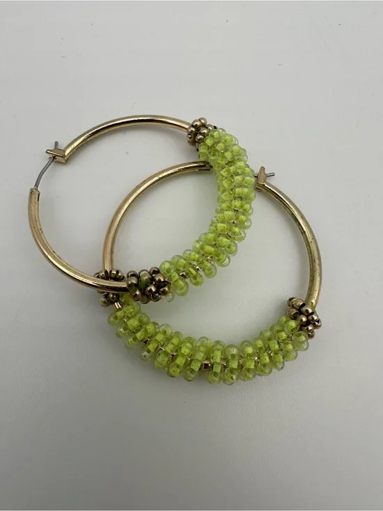 Gold Hoop Earrings with Lime Green Beaded Wrap