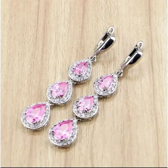 Pink Sapphire Silver Drop Dangle Earrings