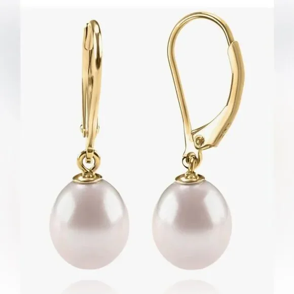 NEW 14K Gold Plated Gold and White Pearl Drop Hoop Earrings