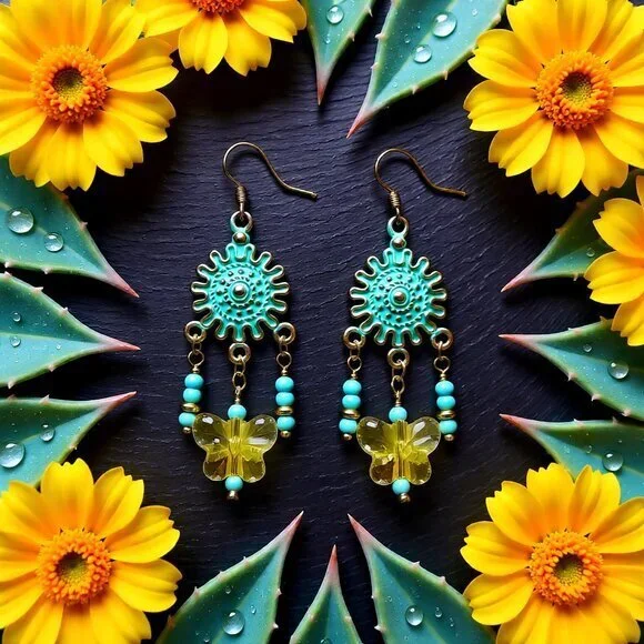 Boho Butterfly Chandelier Earrings • Yellow Aqua Turquoise • Spring Festival