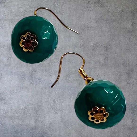 Teal Faceted Acrylic Bead Drop Earrings Gold‎ Tone Dangle Lightweight