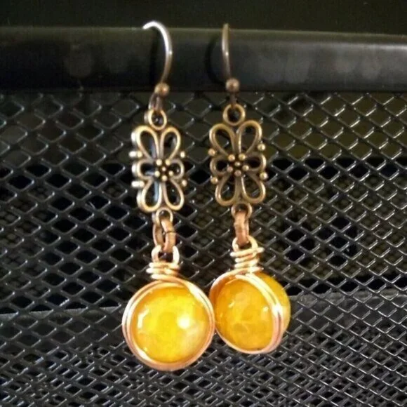 Easter Earth Tones • Dragonvein Agate • Vibrant Copper Boho Dangle Earrings