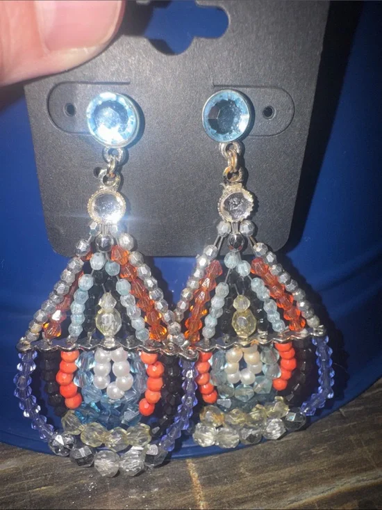 Multicolor Beaded Teardrop Dangle Earrings - Blue, Orange & Gold Accents