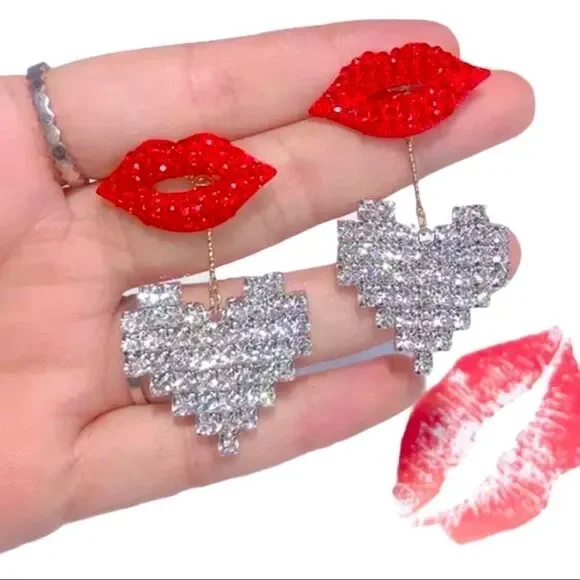 Red Candy Lips White Crystal Hearts Earrings NEW