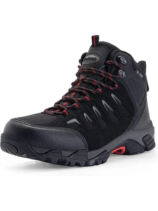 Men's Black Red Waterproof Shoes Casual Mid Top Round Toe Non Slip Hiking Boots