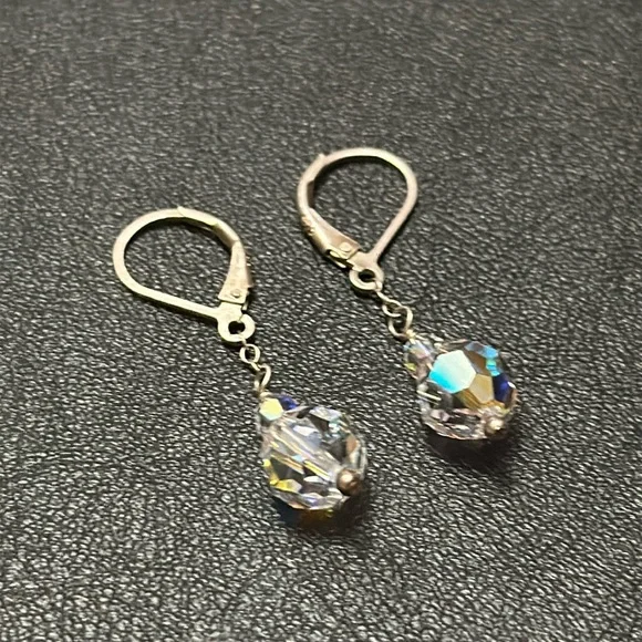 925 Silver Wire Hook Lever Back AB Clear Crystal Dangle Vintage Earrings