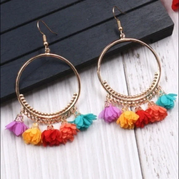 Colorful Floral Tassel Hoop Earrings Gold Tone NWT