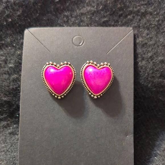 Silver Plated Pink Dyed Howlite Gemstone Heart Shaped Stud Statement Earrings