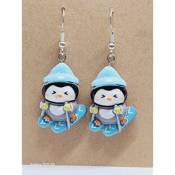 Skiing‎ Penguin Dangle Earrings Blue Winter Sport Resin Drop Jewelry Women's