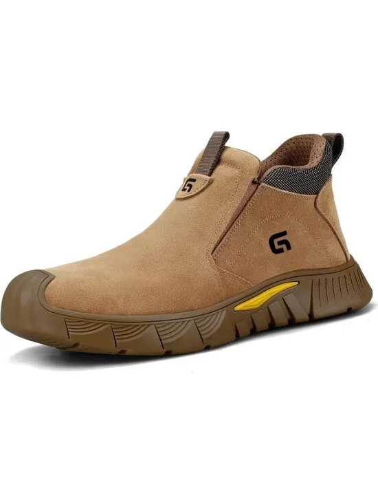 Men's Brown Fireproof Shoes Casual Slip On Steel Toe Mid Top Jobsite Work Boots