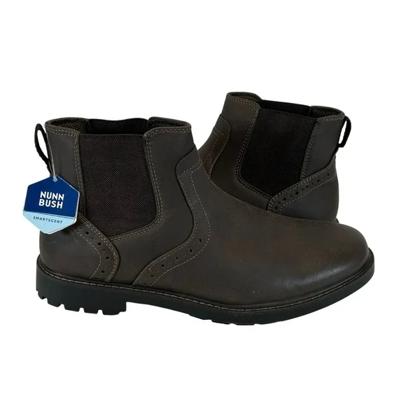 Nunn Bush‎ Mens Dark Brown Leather Chelsea Brogue Lug Sole Boots 11.5 NEW