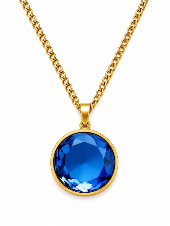 Gold Chain Necklace with Deep Blue Pendant - Women Jewelry