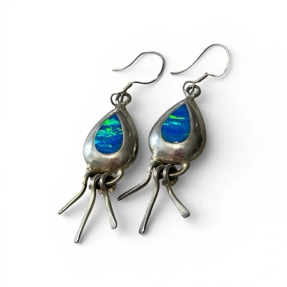 Lab Created Blue Fire Opal Silver Teardrop Dangle Earrings Made in Mexico.