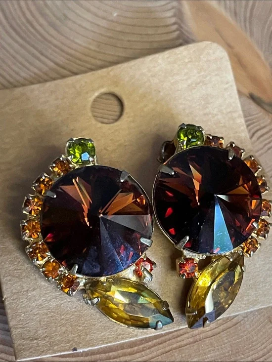 Vintage Juliana Style Rhinestone Clip On Earrings Purple Orange Rivoli