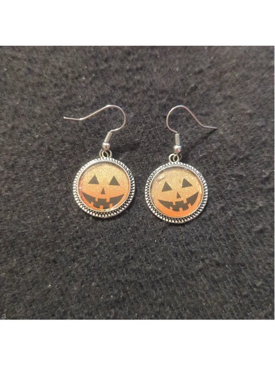 Silver Tone Orange Glitter Halloween Jack-O-Lantern Dainty Statement Earrings