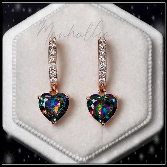 NEW 925 ROSE GOLD SIMULATED MYSTIC TOPAZ DIAMOND HEART HUGGIE EARRINGS