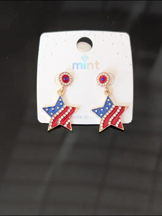 Mint Red & Blue Star Drop Earrings with Gold Accents