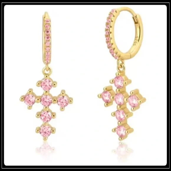 NEW 925 GOLD PINK SAPPHIRE GOD GOTH CELTICS CROSS HUGGIE EARRINGS