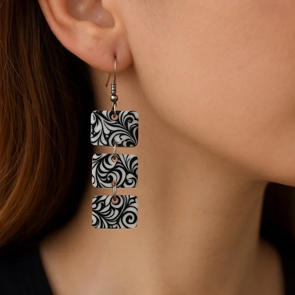Dangle Earrings black white square articulated paisley design 1.75” long