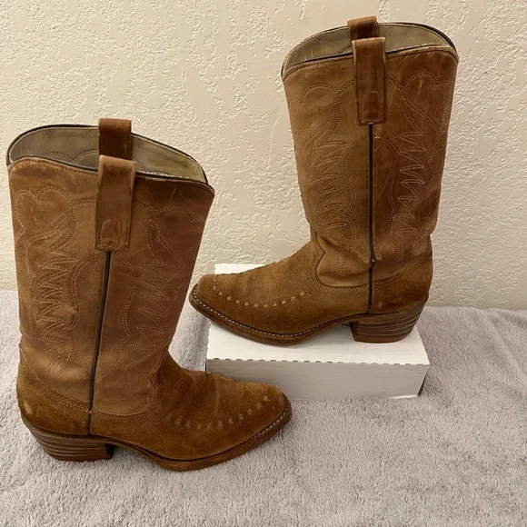Vintage Texas Brand Men Tan Leather Suede Western Cowboy Boots Sz 7.5 D USA 7566