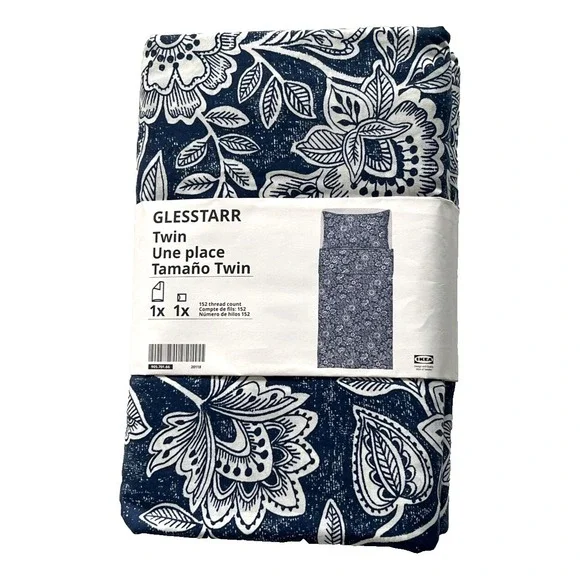 New Ikea GLESSTARR Twin Duvet cover and pillowcase dark blue/white Floral