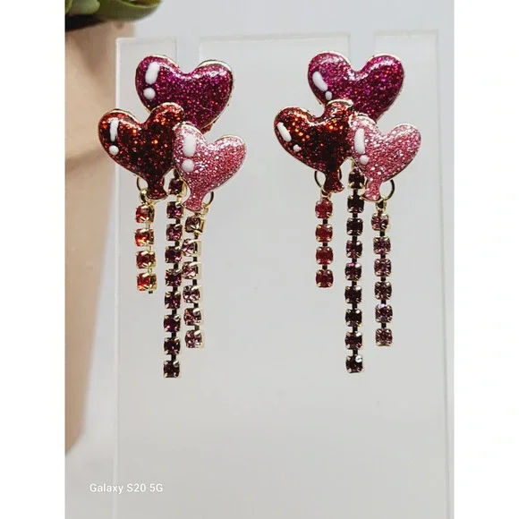 Red Pink Glitter Heart Balloon Drop Earrings Rhinestone Fringe Gold Tone Studs‎