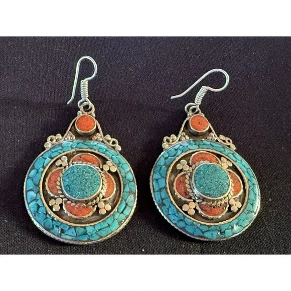 925 Silver Tribal Turquoise And Coral Earrings‎ Handcrafted with History