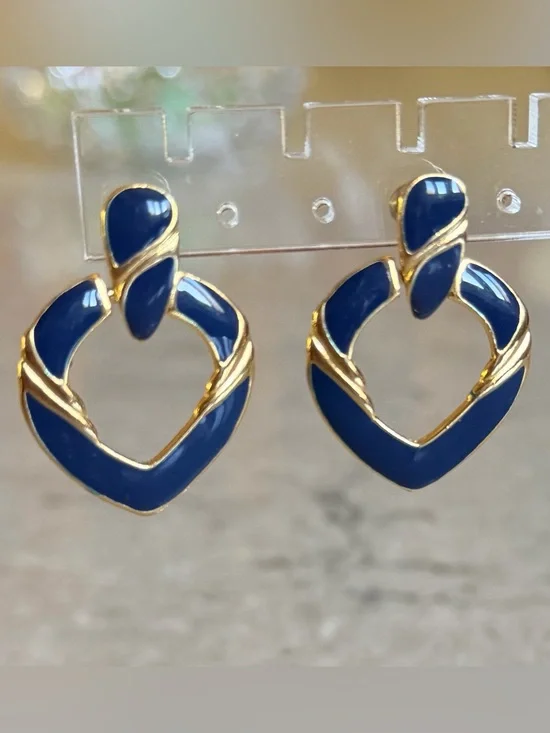 Vintage Gold and Navy Enamel Heart Drop Earrings - Women Jewelry