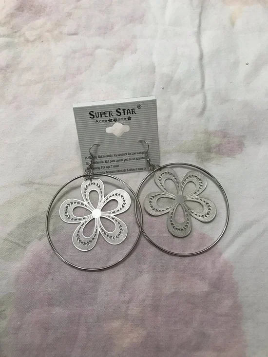 Super Star Accesories Silver Tone Flower Big Hoop Earrings