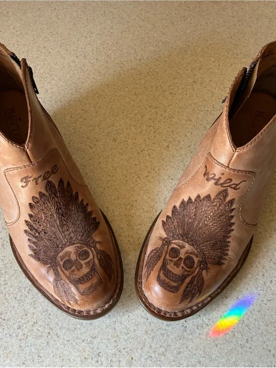 Hand drawn, upcycled “Born” brand boots