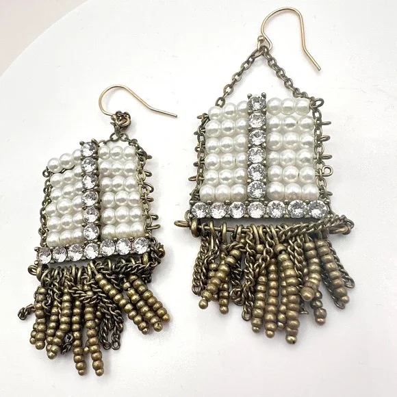 VTG Brass Tone Faux Pearl Earrings Chunky Statement Bold Fringe Rhinestone Retro