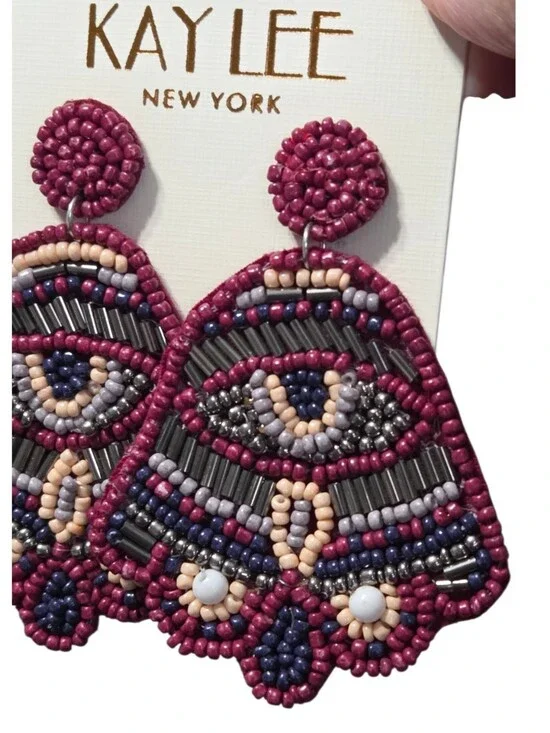 Kaylee New York Pink Beaded Statement Earrings Eye Motif Handmade Boho