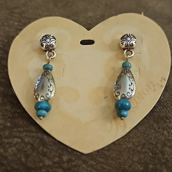 VTG BRIGHTON Hopi Dreams Silver Plated Turquoise Scroll Teardrop Dangle Earrings