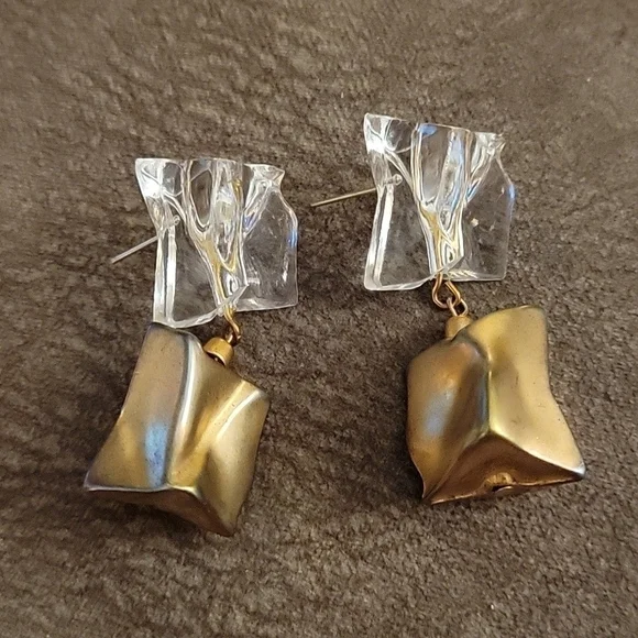 VTG Chunky Acrylic Twisted Mod Cubism Statement Dangle Post Earrings