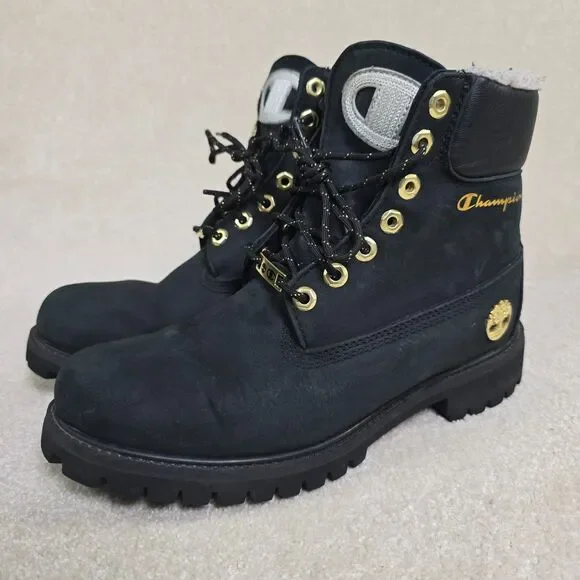 Timberland xChampion Collab Boots Black Gold 6” Shearling Streetwear 8M