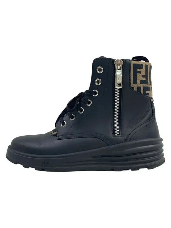 Fendi Short Boots 9 Black Beige Zucca Pattern Leather
