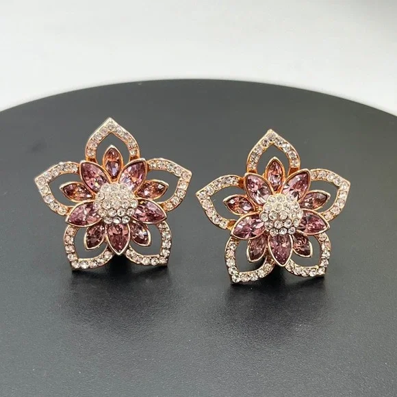 Joan Boyce JB Vintage Rose Gold Blooming Floral Pink Rhinestone CZ Clip Earrings