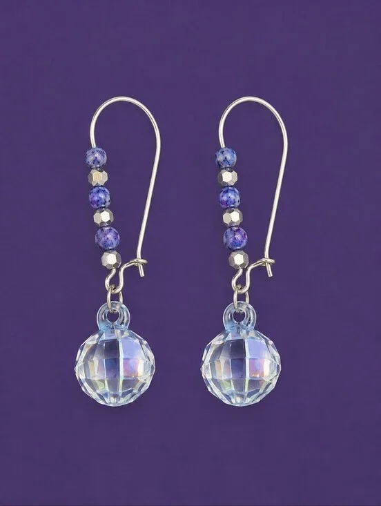 3/$30 HANDCRAFTED Lavendar Blue Czech Glass Beaded Disco Ball Hoop Earrings