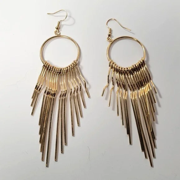 Gold Tone Tiered‎ Fringe Chandelier Statement Hoop Earrings 4 Inch Drop
