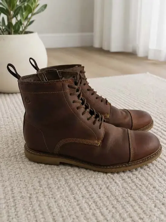 Timberland Brookpark Cap Toe Leather Boots Men’s 8.5 Brown Lace Up Side Zip