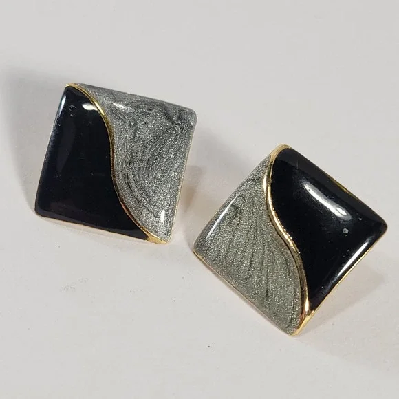 Vintage Square Stud Earrings Black Silver Geometric Wave Enamel Gold Jewelry
