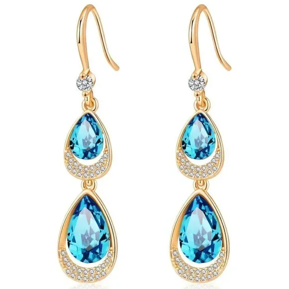 14K Yellow Gold with Bermuda Blue Austrian Crystal Double Teardrop Hook Earrings