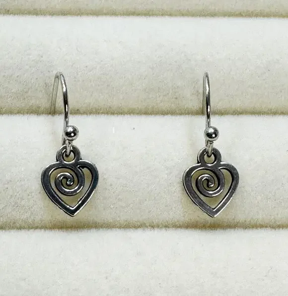 Tiny Silver Heart Dangle Hook Earrings Swirl Open Heart 3/4 Inch Minimalist E482