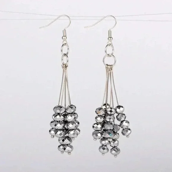 Silver Faceted Austrian Crystal Multi Stacked Rondelle Drops Long Earrings