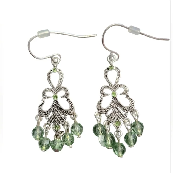 Silvertone Green Beaded Chandelier Earrings