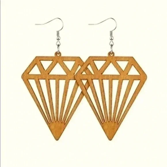 Laser Cut Classic Style Diamond Wood Wooden Drop Earrings